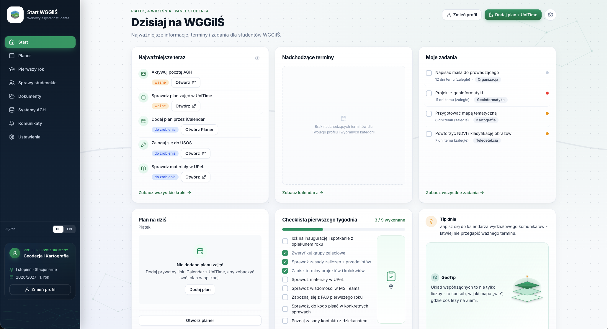 Panel aplikacji Start WGGiIS